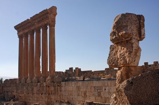 The Temple of Jupiter in Baalbek, Lebanon under a clear blue sky