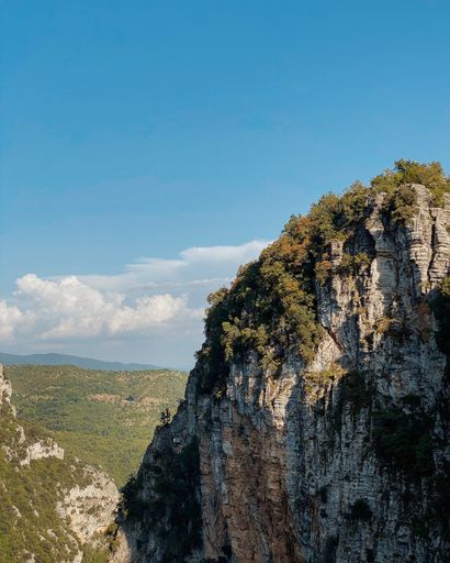 A vertical shot of a hill covered in greenery under a bright sky