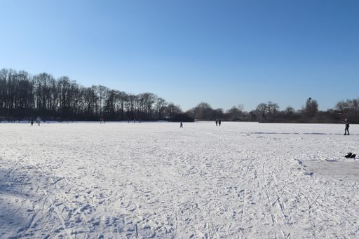 Lots of people and children doing ice skating on a lake in Einfeld in northern germany.