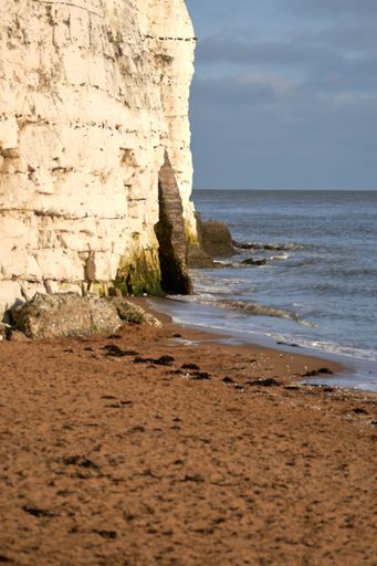 A vertical shot of a sandy shore by a white cliff on a gloomy weather