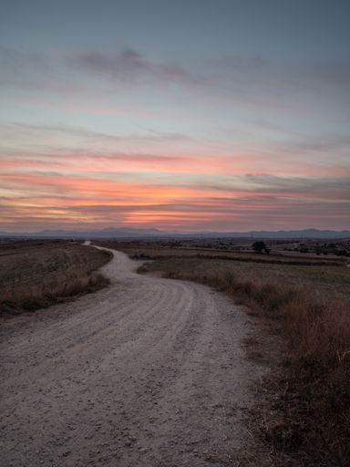 A vertical shot of a pathway in a grassy field with the breathtaking view of sunset in the background