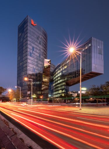 High speed traffic lights at sunset in Barcelona
