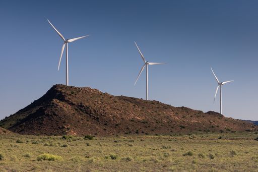 A photo of wind turbines at one of the wind farms in the Northern Cape of South Africa.