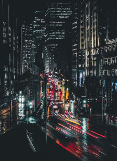Rainy, moody night in downtown Montreal
