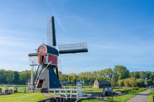 A windmill surrounded by green trees and vegetation under a clear blue sky