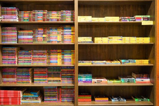 Kolkata, India, February 12.2021. A photo of bookshelf with many colored story books and graphic novel for sale inside a book shop.