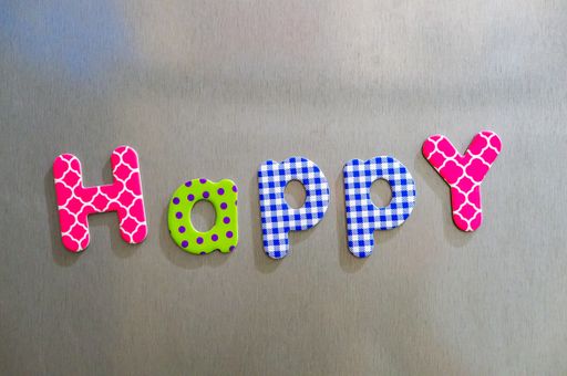 A closeup shot of colorful words spelling out happy
