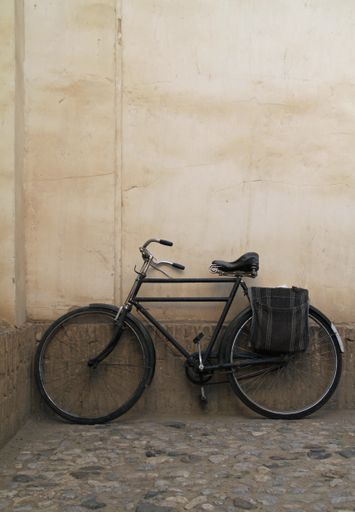 A vertical shot of a bicycle put next to a wall during daytime
