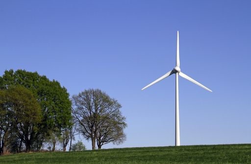 A wide angle shot of a white wind fan next to trees