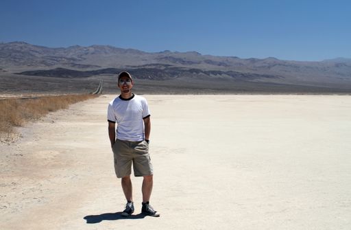A wide angle shot of a man in the Death Valley National Park in the USA