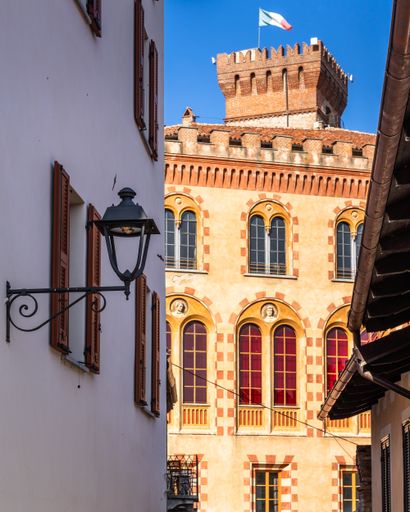The tower of Castle of Barolo hosting the Wimu wine museum, Barolo, Italy