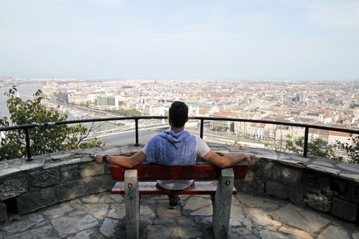 A wide angle shot of a man looking over the buildings of a city