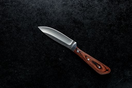 A closeup shot of a small sharp knife with a brown handle  on a black background