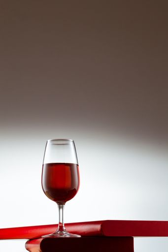 A vertical shot of a glass of red wine on red leather objects with copy space on the top