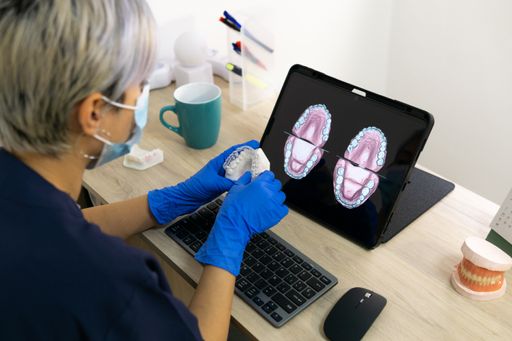 A shallow focus of a female dental technician designing a new dental prosthesis in a clinic