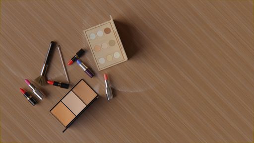 A lash lifting tool, colorful lipsticks, brushes, eyeshadow and contour palettes on the table