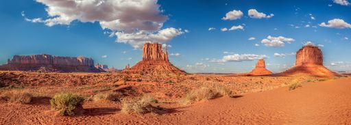 A panoramic shot of the famous Monument Valley in the USA