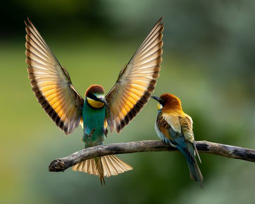 A selective focus of two chestnut-headed bee-eaters perched on a tree branch, green blurred background