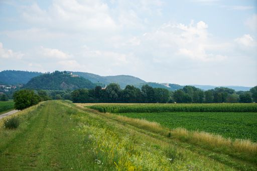 A landscape of a farm field surrounded by hills covered in greenery under a blue cloudy sky