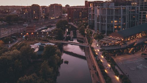 An aerial shot of the offices and business centers between the Regent's Canal