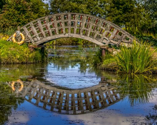 A small arched wooden bridge over a pond at Burgie Arboretum in the summer time with a lovely reflection in the water