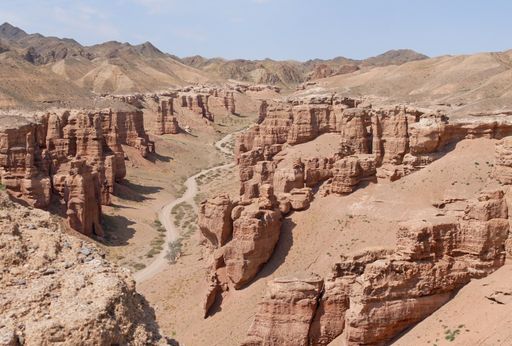 An aerial view of Charyn Canyon National Park in Tamerlik, Kazakhstan