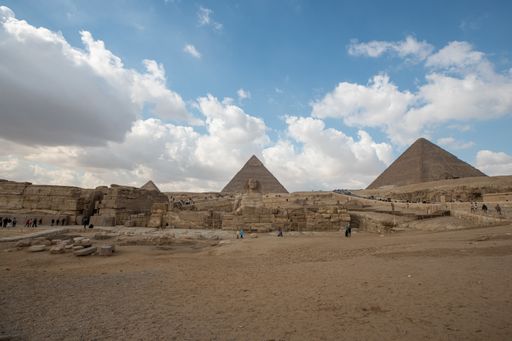 A low angle shot of two Egyptian pyramids next to each other