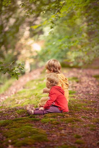 A vertical shot of two children sitting on a hill and looking at the view
