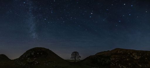 A scenic shot of the Sycamore gap under the starry sky in UK