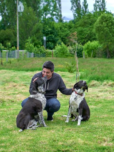 A vertical shot of a young man entertains his pets playing outdoors