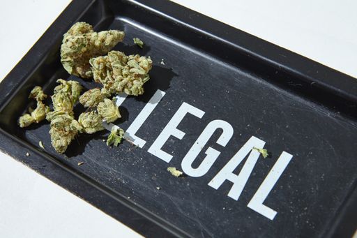 "ILLEGAL" Rolling Tray with Weed Nuggets, contrasting the flower with its legal status.