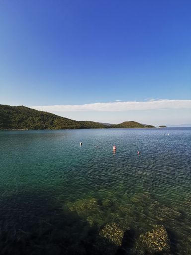 A vertical shot of a seascape on the background of mountain forests under the clear sky