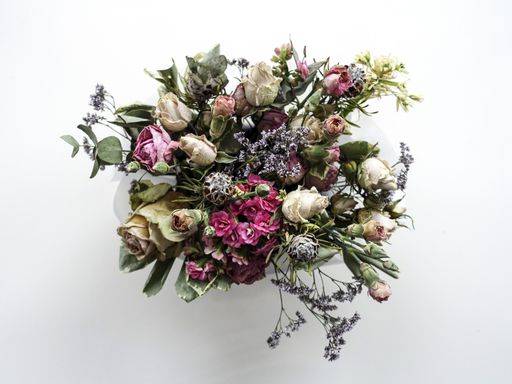 Beautiful bouquet of wilted flowers. Flowers arrangement view from above