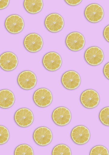 A vertical shot of lemon slices seamless pattern with shadows on a light pink background