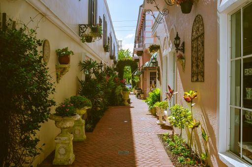 A beautiful view of a narrow path decorated with plants in stone plinths, between buildings