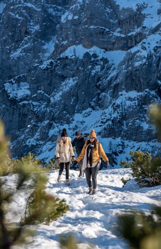 A vertical shot of a group of friends hiking on a snowy path in the Julian alps in Slovenia.
