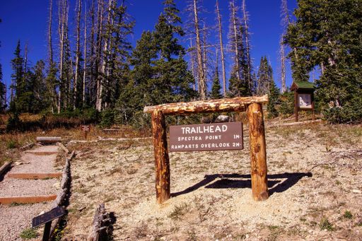 A wooden direction sign on the Spectra Point and Ramparts Overlook trail in Utah, USA