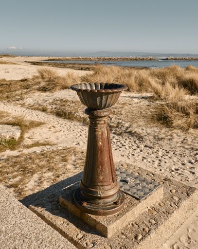 A vertical shot of an ancient rusty pillar on the coast
