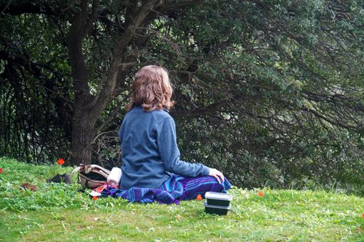 A rear view of a young woman having a picnic in the park