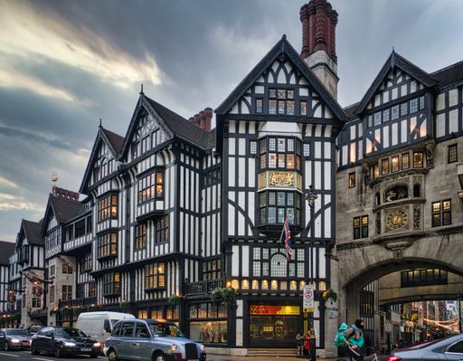 A low angle shot of Liberty London building under gloomy sky in London, Soho, UK  London Soho UK