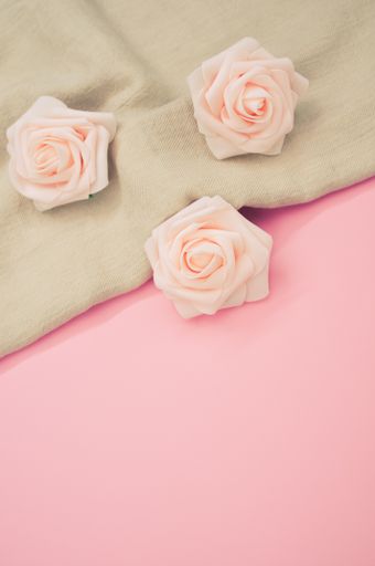 A vertical shot of decorative pink roses on a cream cloth and pink surface for a copy space
