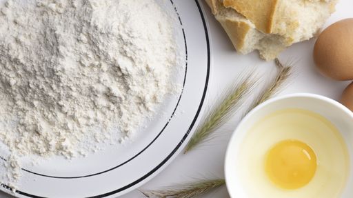An overhead shot of flour in a plate and eggs next to it on a white a table