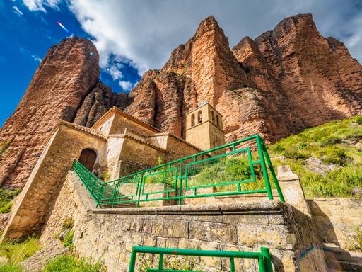 A low angle of the church Mallos de Riglos in Spain