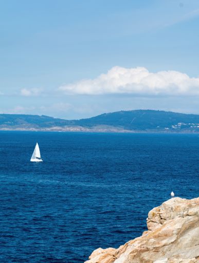 A vertical shot of a sailboat in the blue sea and a seagull on a cliff on the shore