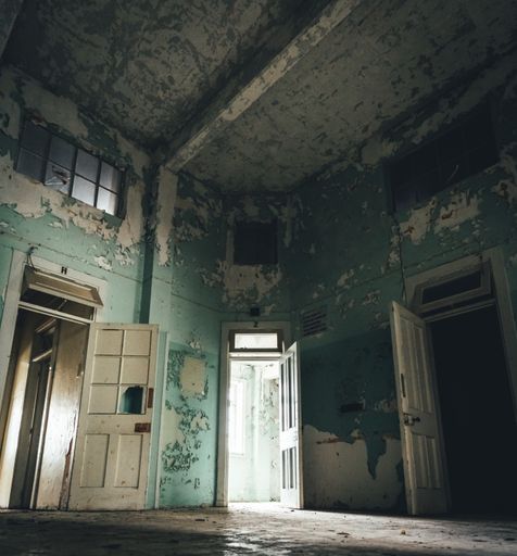 An abandoned hospital building with peeling walls and open wooden doors in Amiantos, Cyprus
