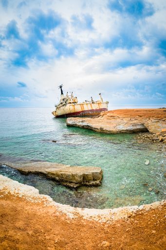 A vertical shot of Edro III Shipwreck near Paphos, Cyprus