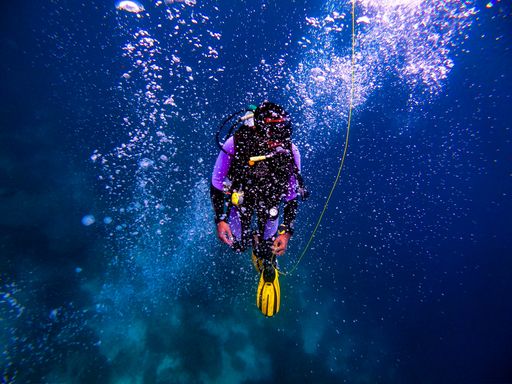 A closeup shot of a professional scuba diver diving underwater