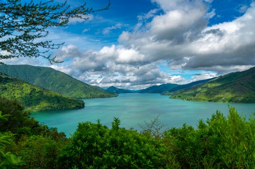 An aerial view of lake surrounded greenery mountains and dense trees