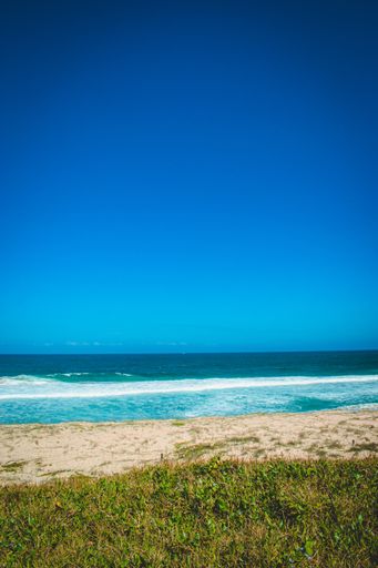 A vertical shot of a calm beach captured from a grass-covered pathway on a sunny day