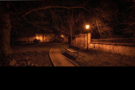 A narrow pathway in a park covered in trees surrounded by lamps at night